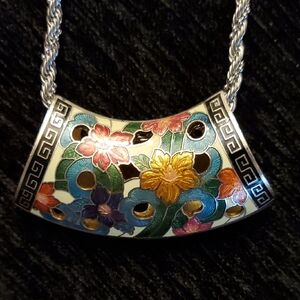 Floral Enamel Cloisonne Necklace Scarf Slide Pendant & Stainless Steel Necklace